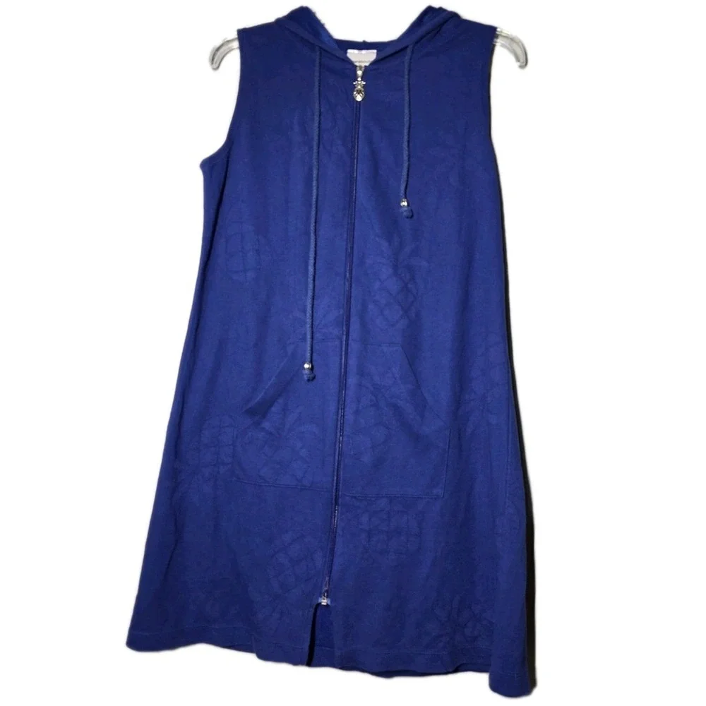 Whereabouts Sz S Swim Cover Up Hooded Sleeveless Dress Blue  Zippered Pineapple